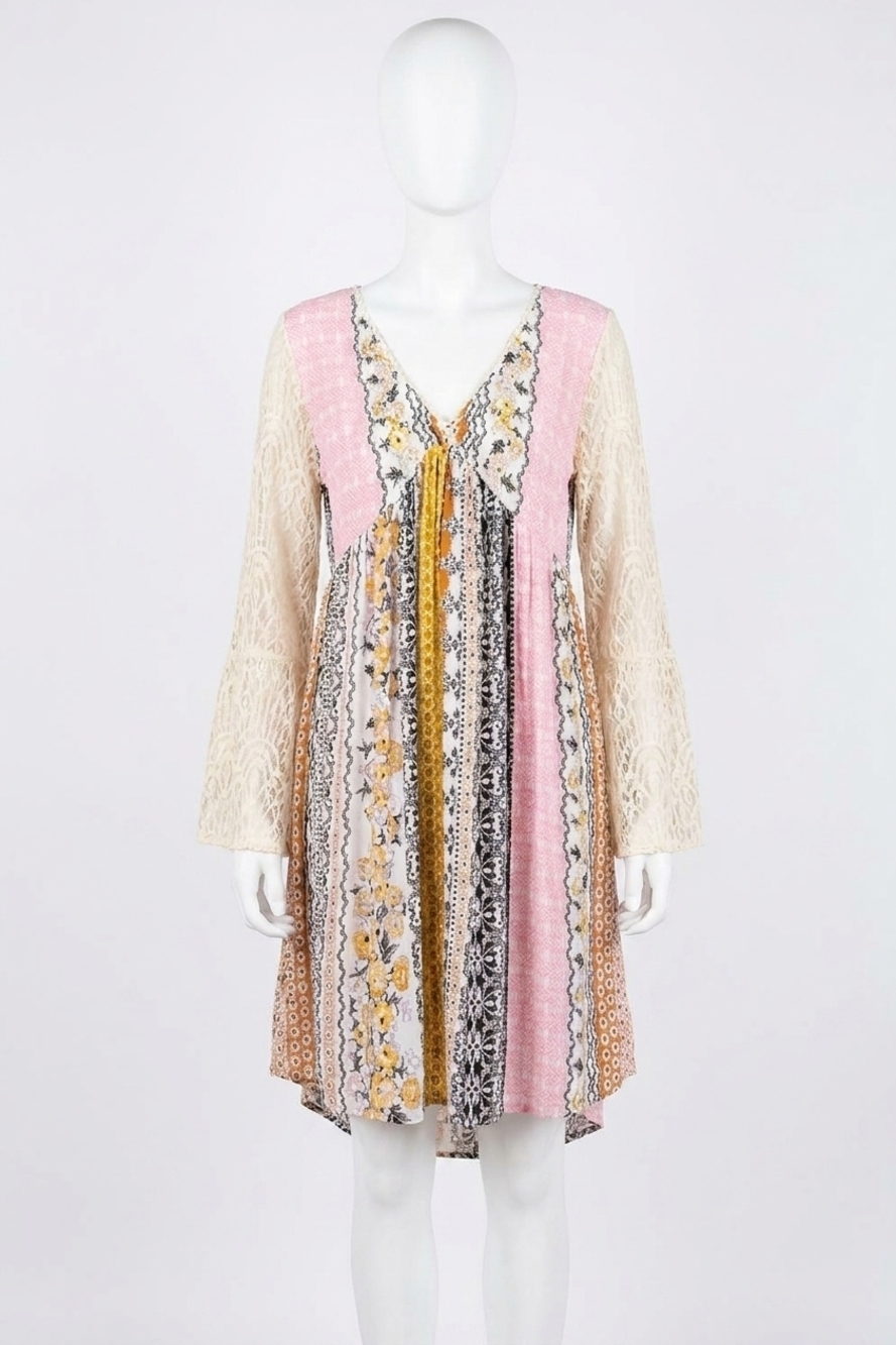 NEW KORI mixed print lace dress in mustard